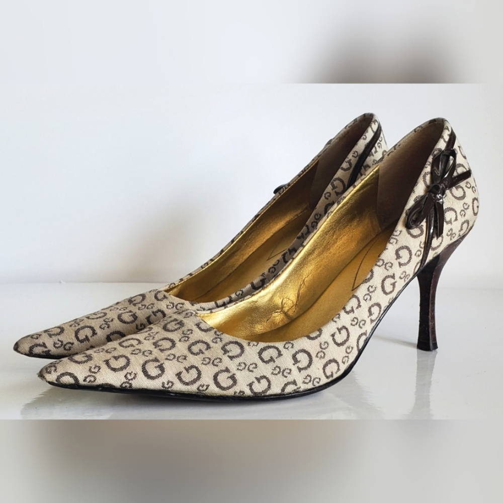 Guess Patterned Cream and Black Heels
